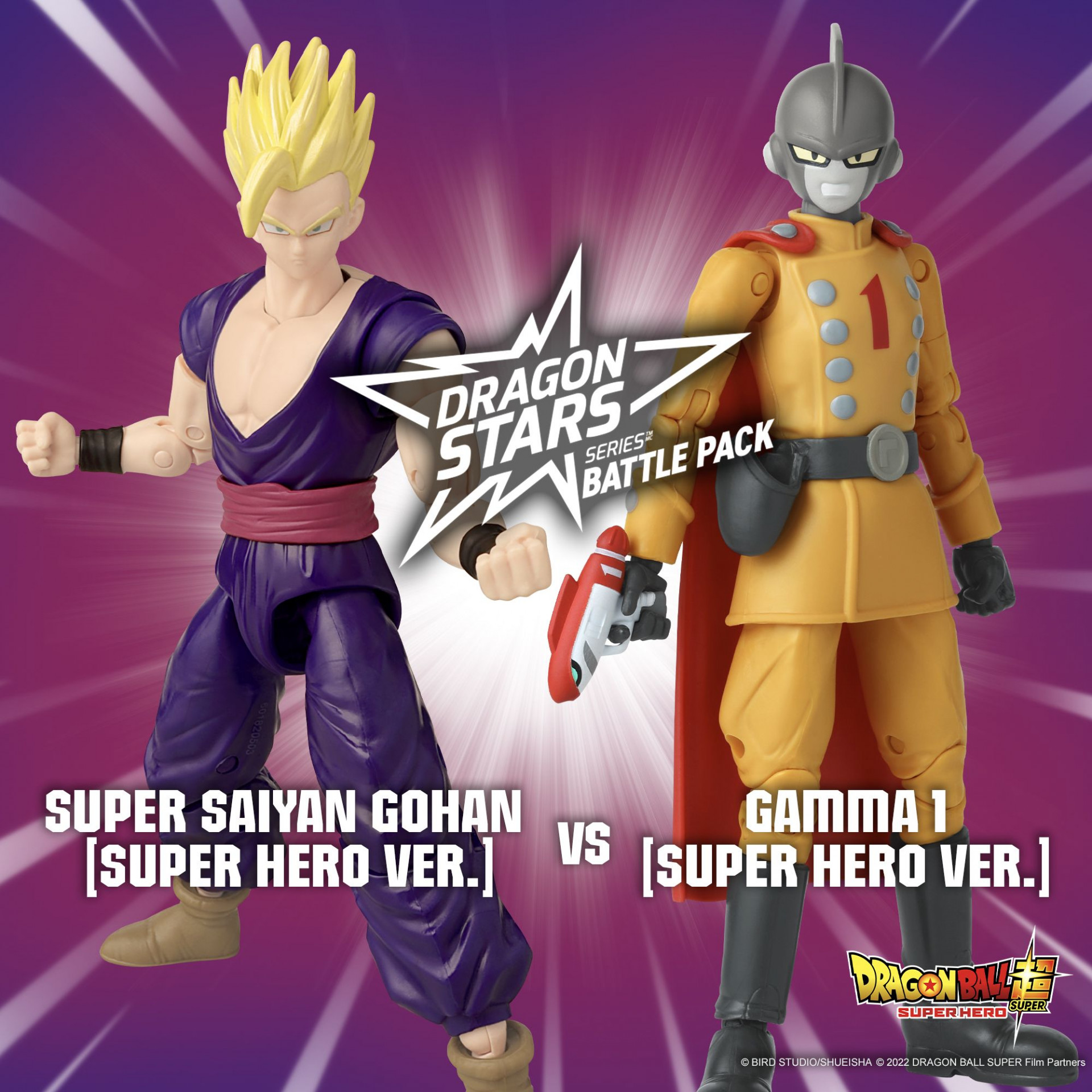 Ensemble de deux figurines comprenant Super Saiyan Gohan et Gamma 1 de Dragon Ball Super: SUPER HERO arrive dans la gamme Battle Pack de la série Dragon Stars !
