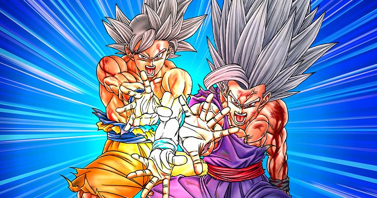 Affiche présentant une toute nouvelle illustration Kamehameha Père-Fils Ultime du 10e anniversaire de Dragon Ball Super incluse dans l'édition géante d'août de V Jump ! Figurine à venir !